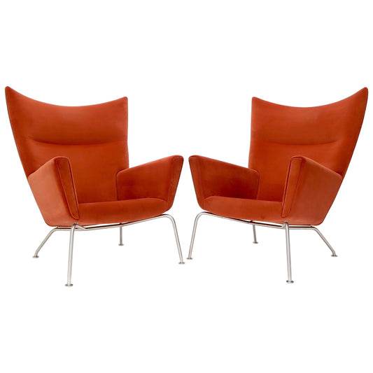 EstablishedLines Pair of Hans Wegner for Carl Hansen Wing Chair in Orange Velvet like Fabric OX