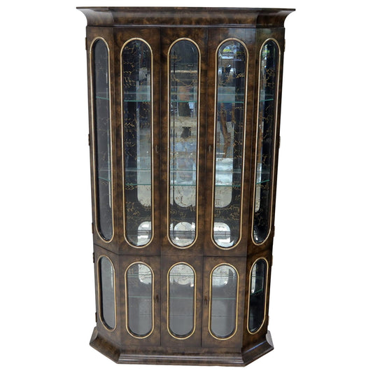 EstablishedLines Mastercraft Burl Wood and Glass Curio Display Cabinet Vitrine Étagère Breakfront