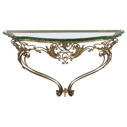 EstablishedLines Antique Ornate Baroque Style Gold Gilt Wrought Iron Hanging Console Table Glass
