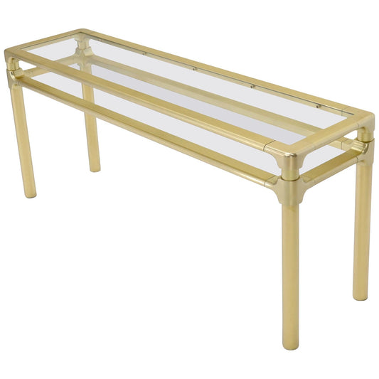 EstablishedLines Solid Brass Profile Base Glass Top Mid-Century Modern Console Sofa Table