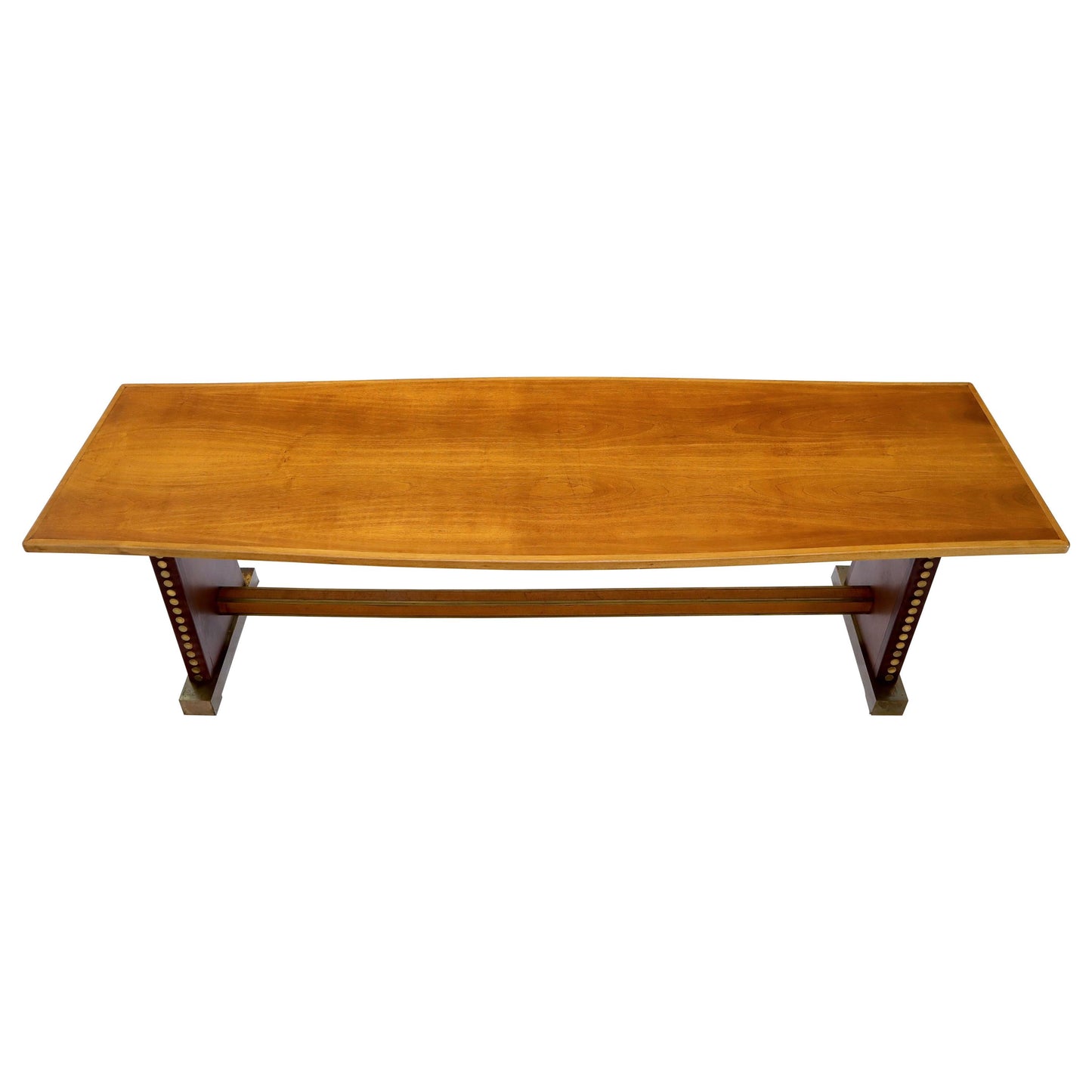 EstablishedLines Narrow Long Boat Shape Walnut Dining Harvest Table Studs Leather Brass Decorated