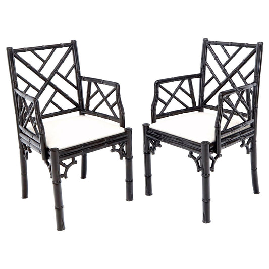 EstablishedLines Pair of Ebonized Faux Bamboo Armchairs with New Linen Fabric Upholstery