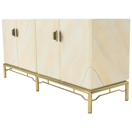 EstablishedLines Mid-Century Modern White Lacquer Faux Finish Door 4 Doors Credenza on Brass Base