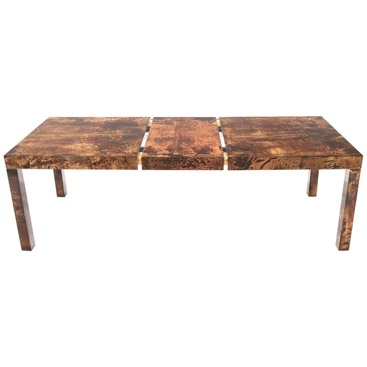 EstablishedLines Italian Aldo Tura Goat Skin Parchment Rectangle Dining Table with One Leaf Board