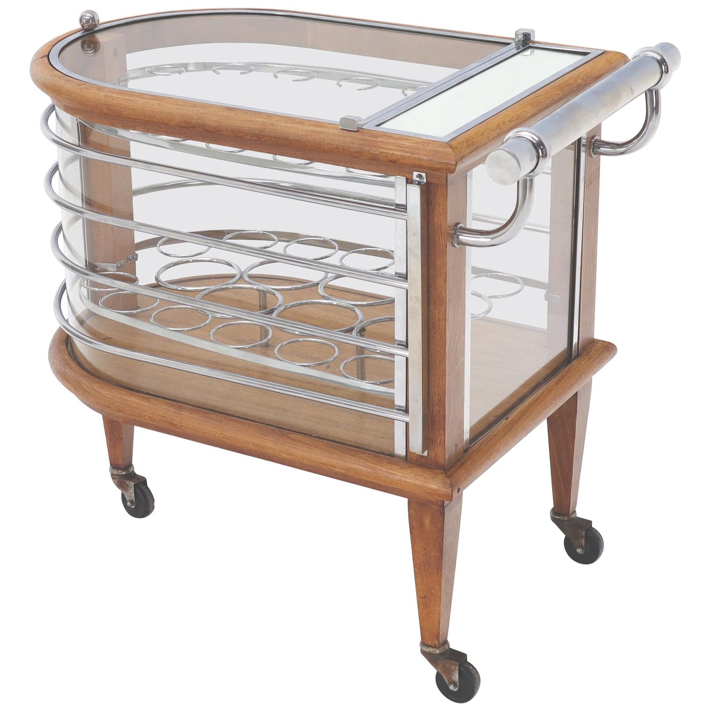EstablishedLines Art Deco Wood Chrome and Glass Serving Cart Bar on Wheels