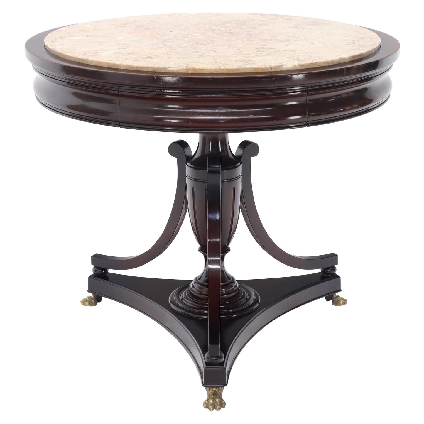 EstablishedLines Mahogany Cup Shape Base Pink Marble Top Brass Claw Feet Center Table Gueridon