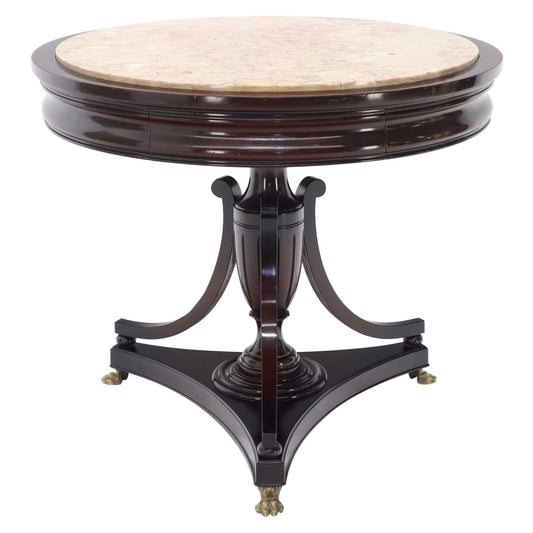 EstablishedLines Mahogany Cup Shape Base Pink Marble Top Brass Claw Feet Center Table Gueridon