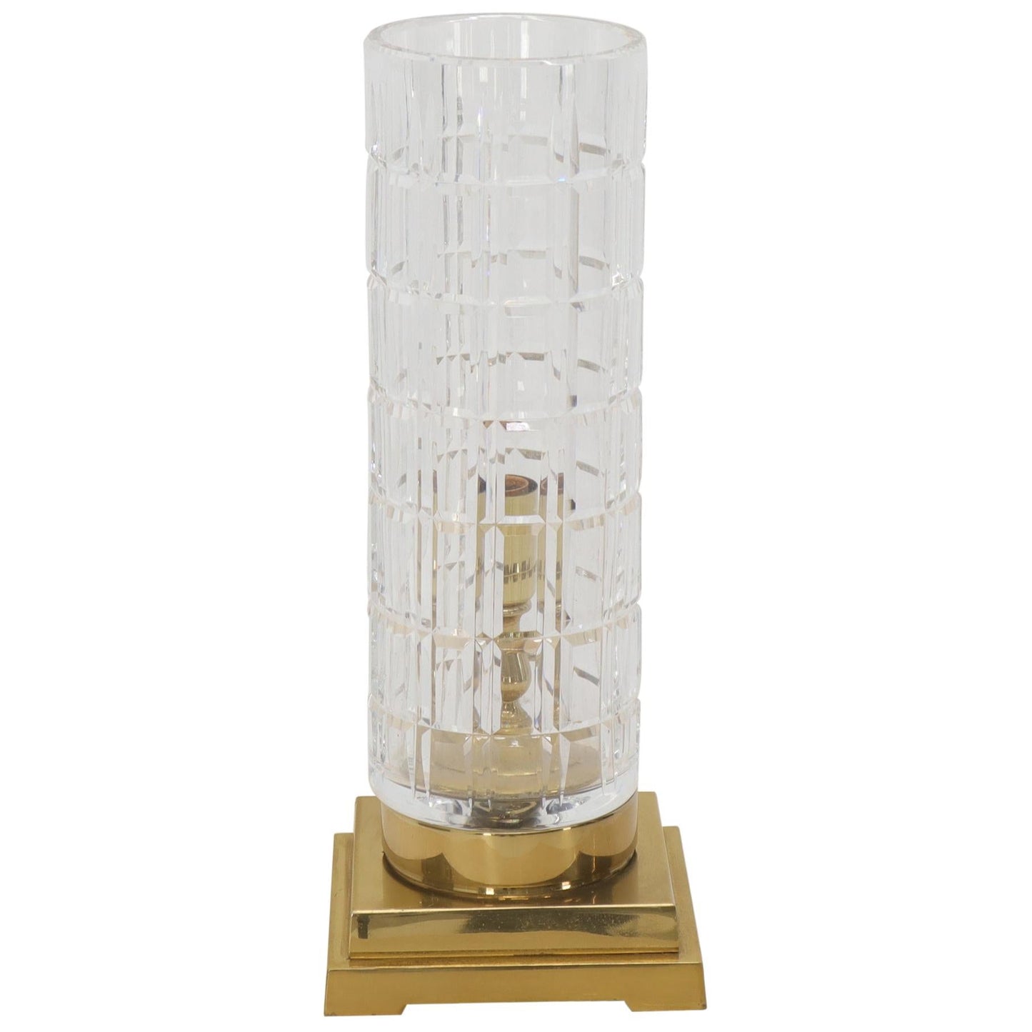 EstablishedLines Cut Crystal Cylinder Shape Brass Square Base Bracket Legs Tables Lamp