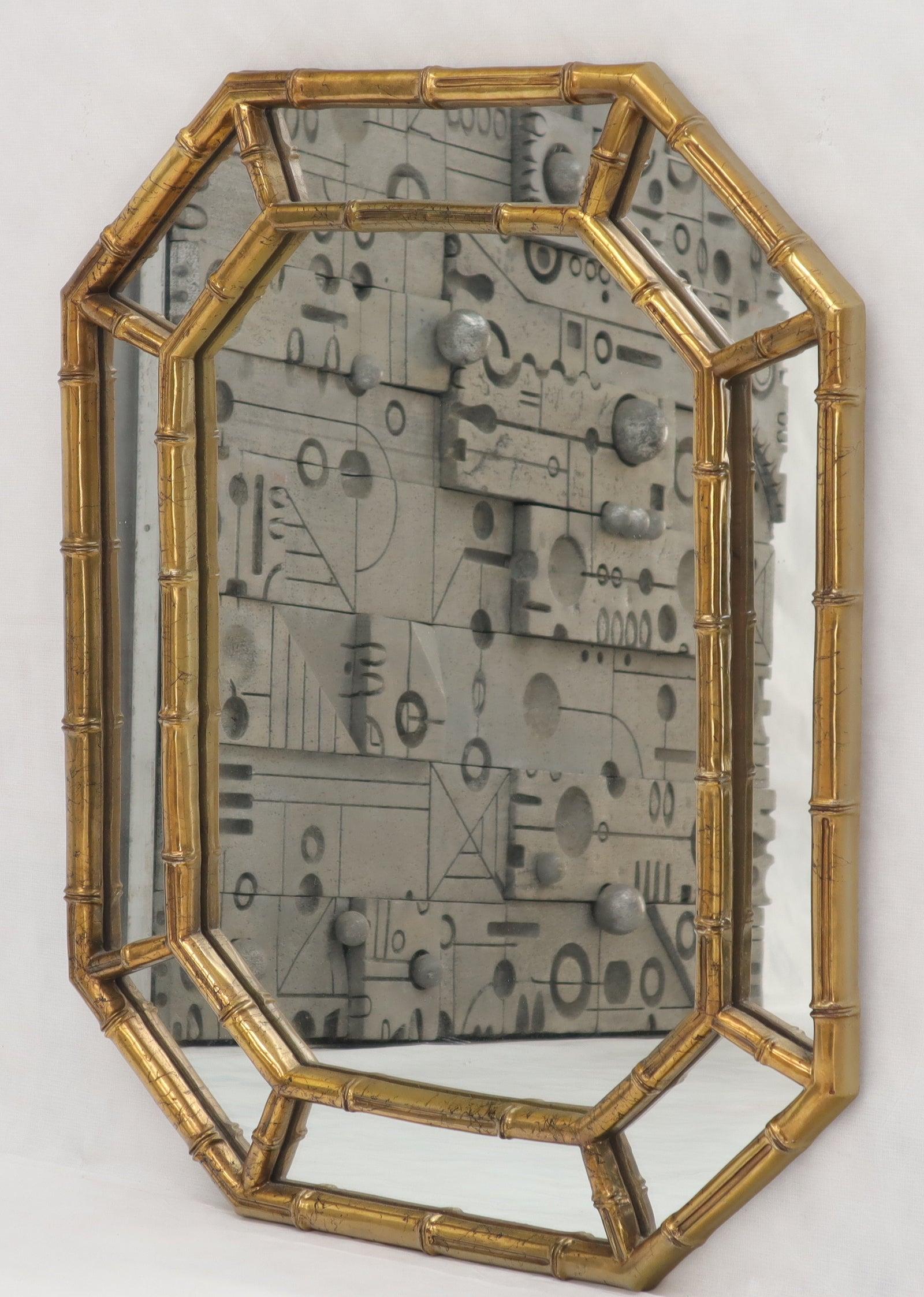 EstablishedLines Rectangle Hexagon Shape Gold Finish Gilt Faux Bamboo Wall Mirror