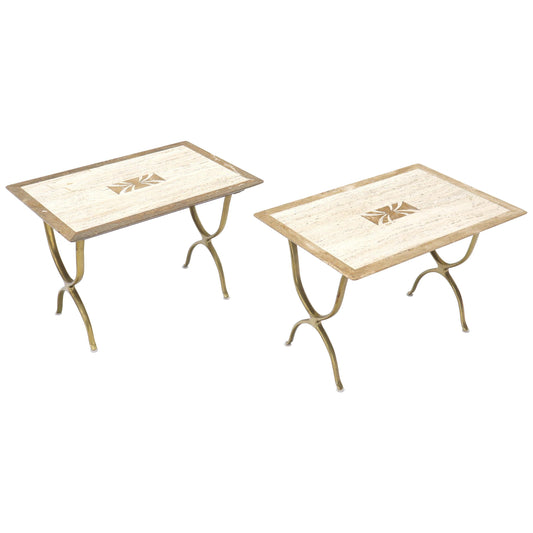 EstablishedLines Pair of Italian Travertine Top X-Shape Base End Side Tables
