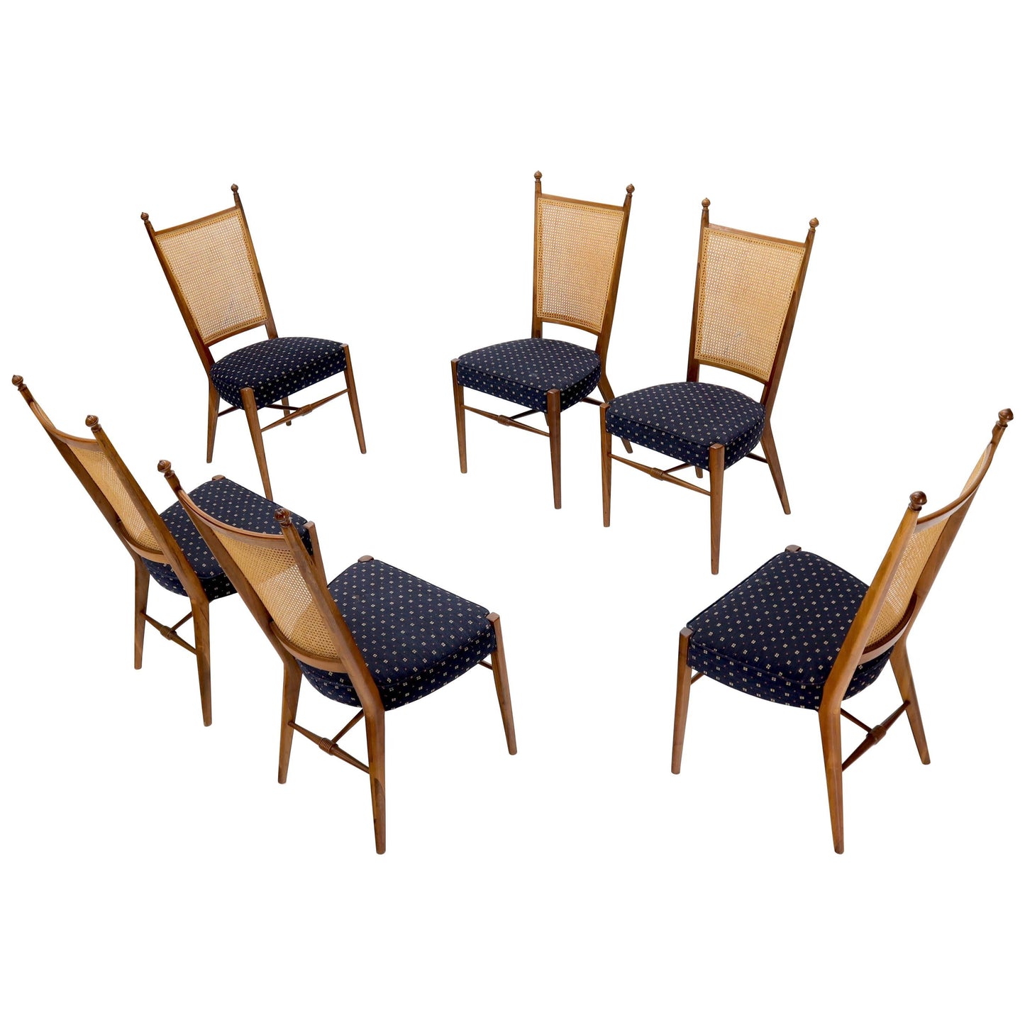 EstablishedLines Set of 6 Mid-Century Modern Sculpted Walnut Frames Cane Back Dining Chairs