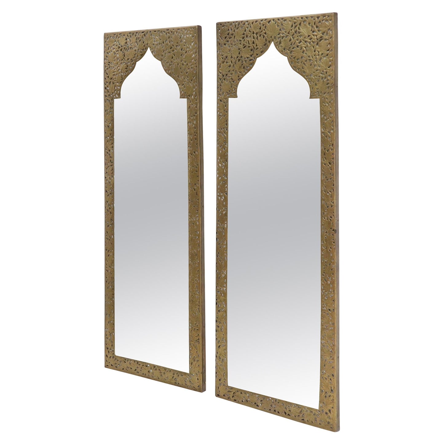EstablishedLines Pair of Large Rectangular Shape Pierced Minted Brass Frames Mirrors
