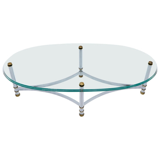 EstablishedLines Oval Mid-Century Modern Glass Top Coffee Table on Chrome Frame, Brass Accents