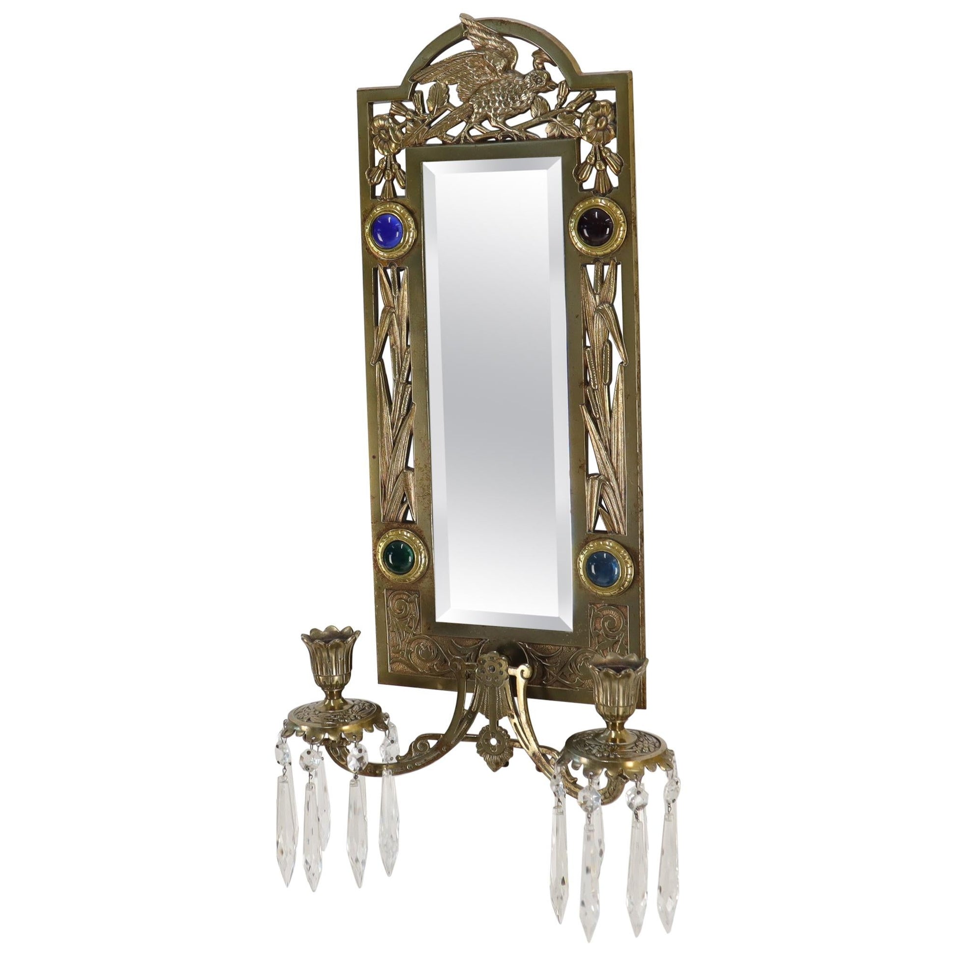 EstablishedLines Antique Brass 2 Candle Mirror Jewel Decorated Wall Sconce 16 Prisms, circa 1875