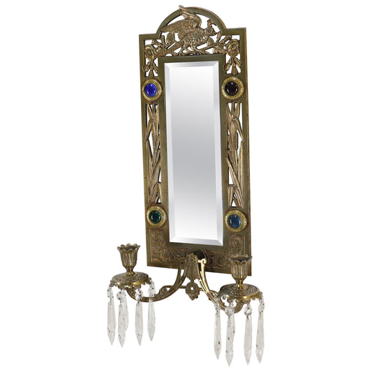 EstablishedLines Antique Brass 2 Candle Mirror Jewel Decorated Wall Sconce 16 Prisms, circa 1875