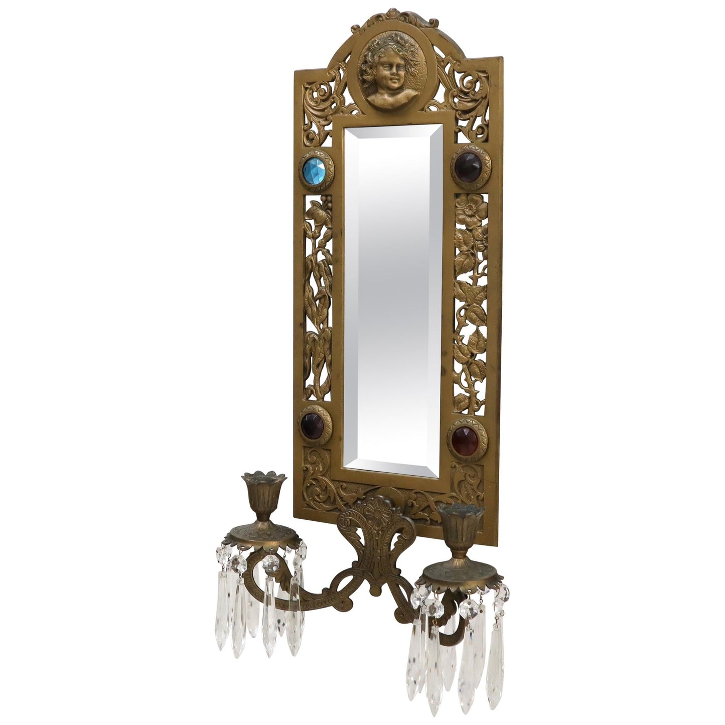 EstablishedLines Large Bronze Mirror Sconce Two Candleholders Jewels Decorated