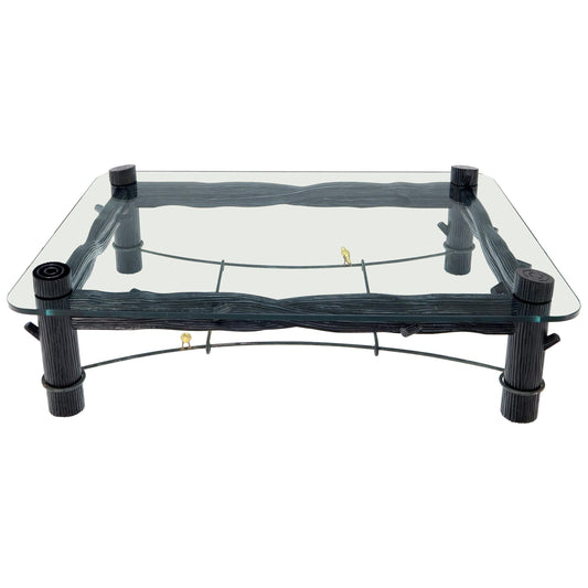 EstablishedLines Large Oversize Thick Glass Top Rectangle Coffee Table with Singing Birds