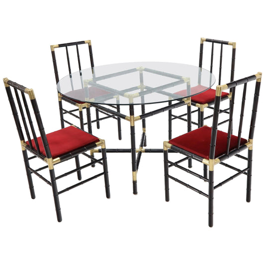 EstablishedLines Faux Bamboo Brass Glass Dining Game Table Set with 4 Chairs Billy Haines