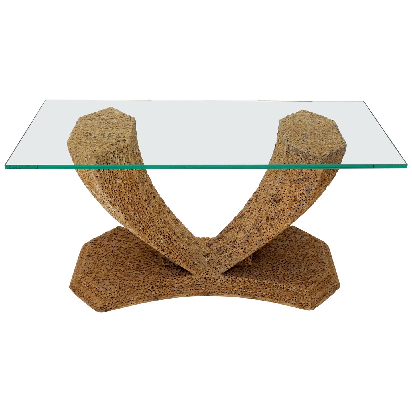 EstablishedLines Unusual Distressed Wood V-Shape Base Large Console Sofa Table with Glass Top