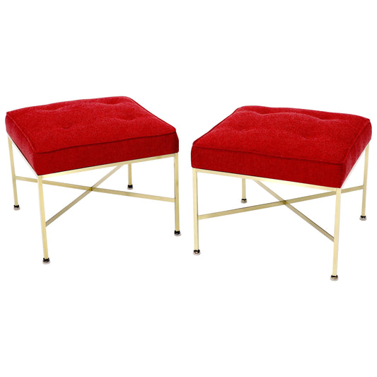 EstablishedLines Pair of New Red Upholstery Square Brass Frames Benches Stools by Paul McCobb