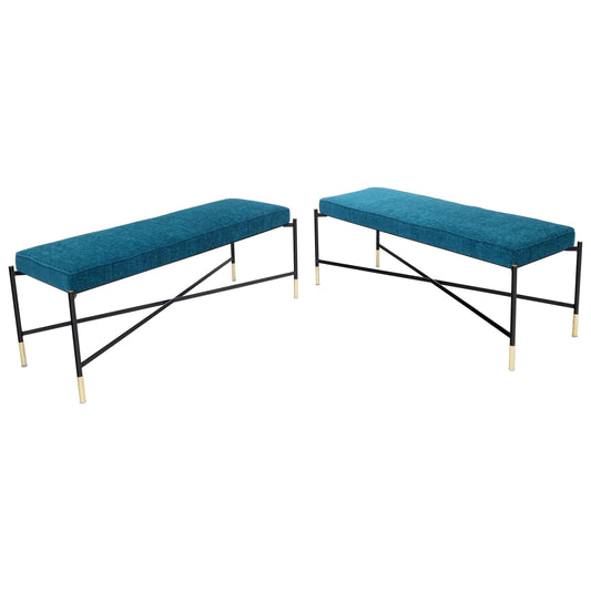 EstablishedLines Pair of Italian Mid-Century Modern New Blue Upholstery X-Stretchers Benches