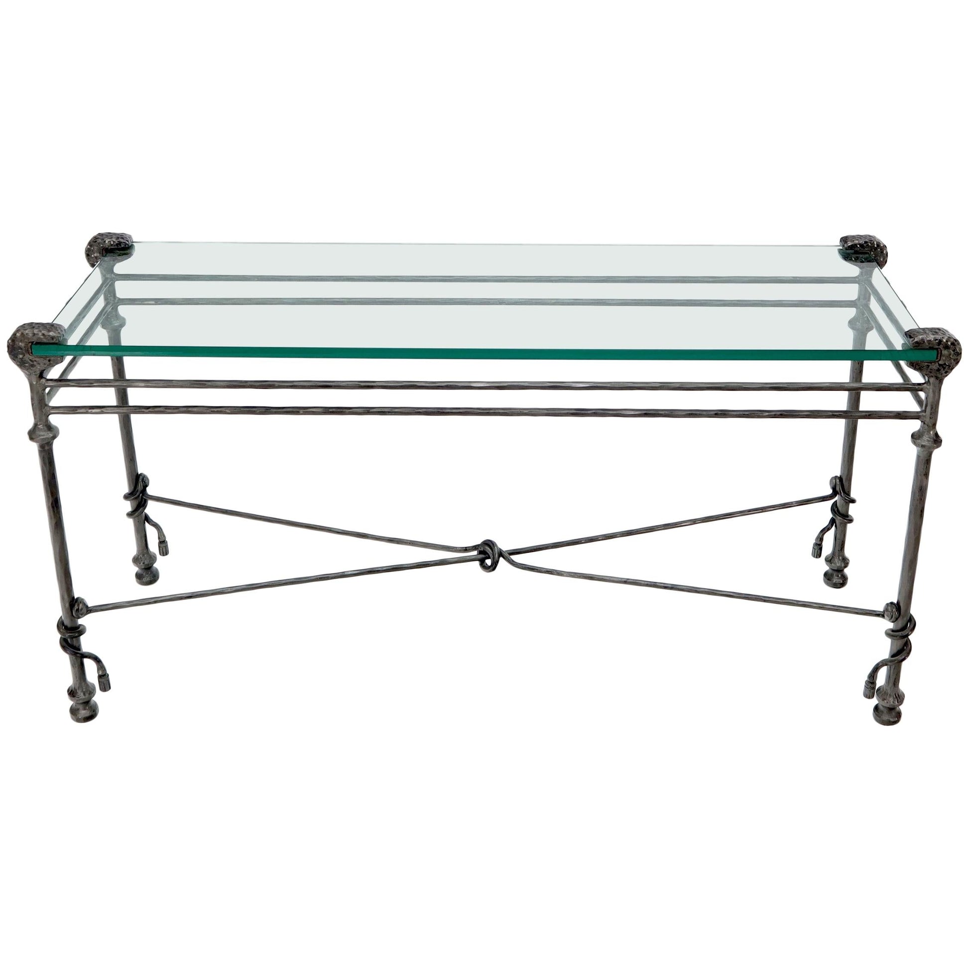 EstablishedLines Hammered Forged Metal Wrought Iron Base 3/4" Glass Top Console Table Giacometti