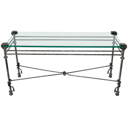 EstablishedLines Hammered Forged Metal Wrought Iron Base 3/4" Glass Top Console Table Giacometti