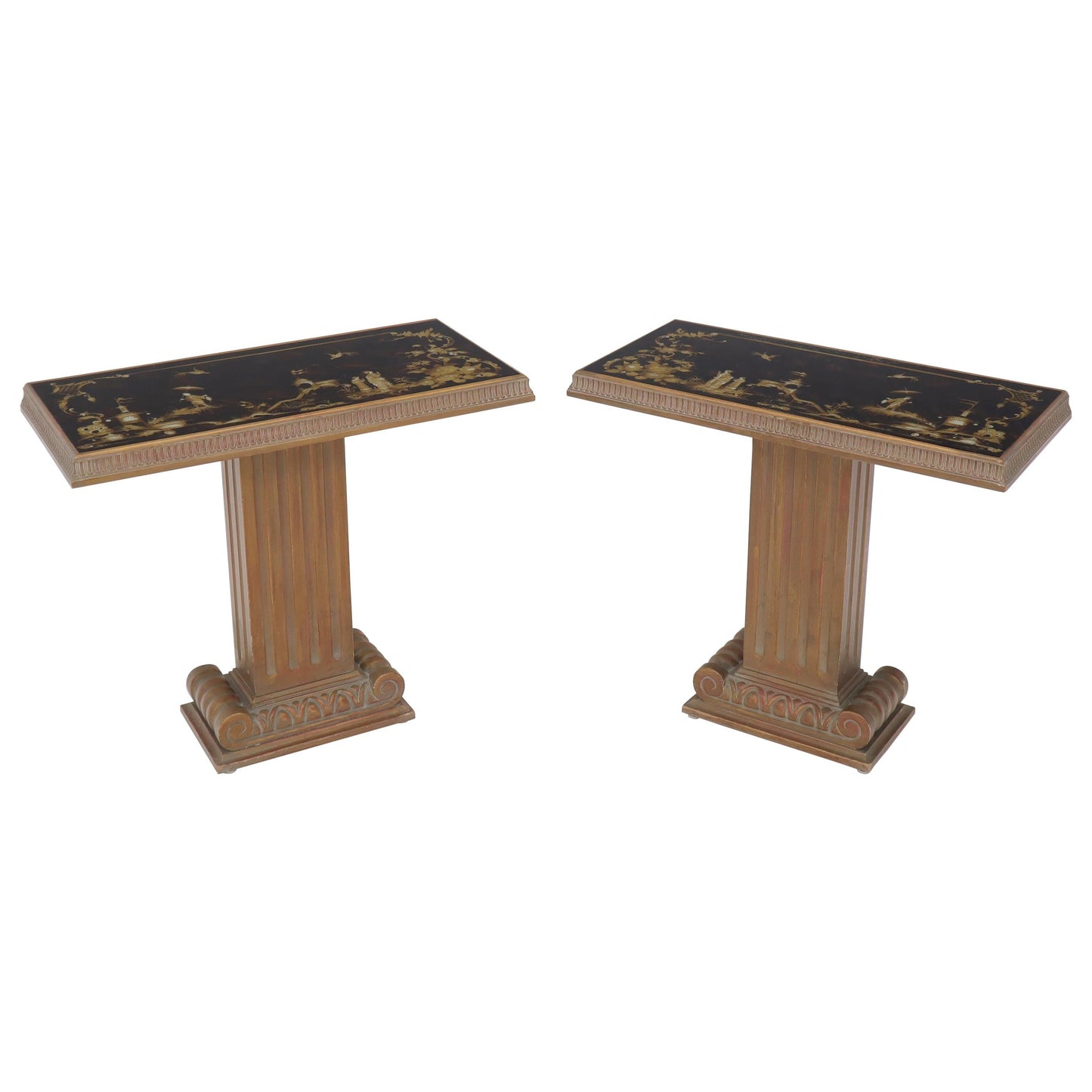 EstablishedLines Pair of Reverse Painted Glass Tops Single Pedestal Side Occasional Tables