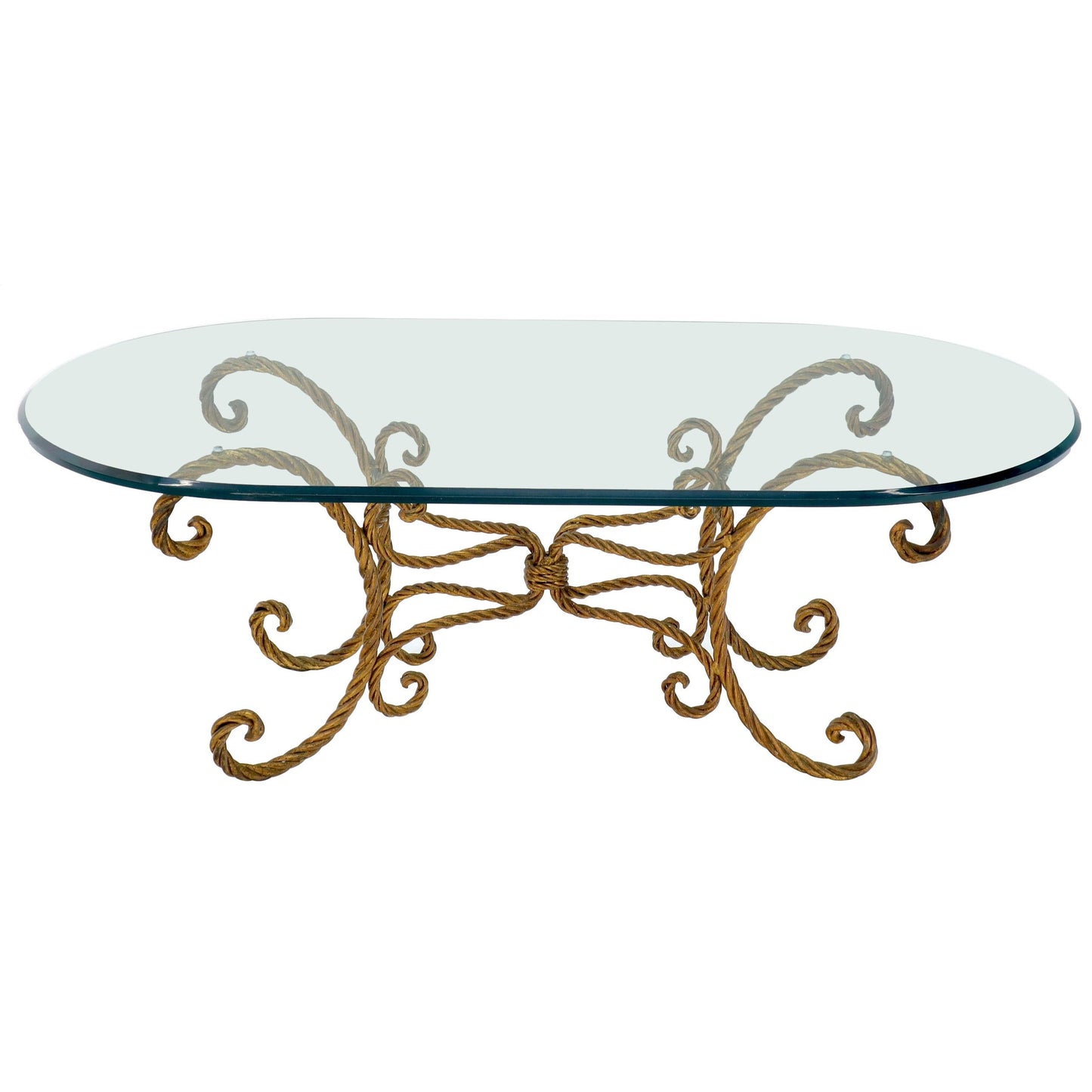 EstablishedLines Twisted Wrought Iron Rope Gold Gilt Base Oval Racetrack Glass Top Coffee Table