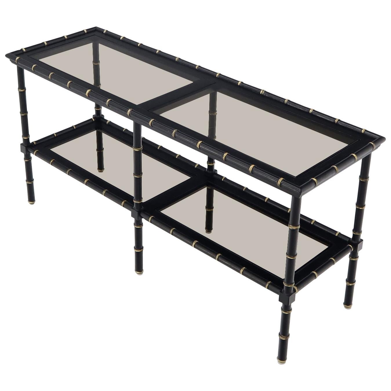 EstablishedLines Black Lacquer Faux Bamboo Gold Accents Smoked Glass Console Sofa Table