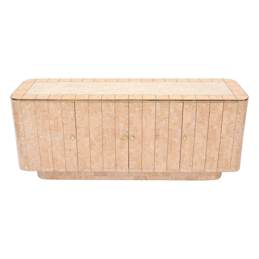 EstablishedLines Rounded Corners Tessellated Stone Brass Inlay 4 Doors Credenza Cabinet