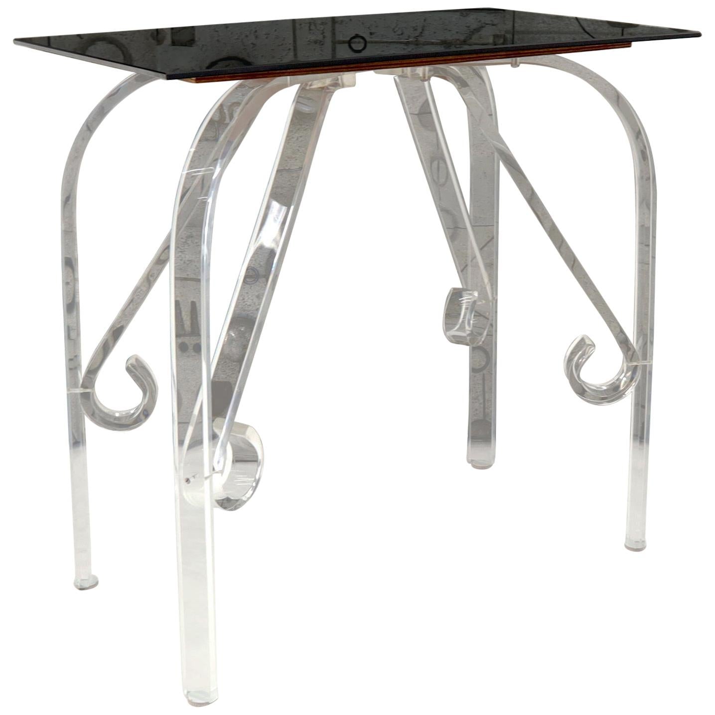 EstablishedLines Bent Lucite Legs Black Smoked Glass Top Side End Table