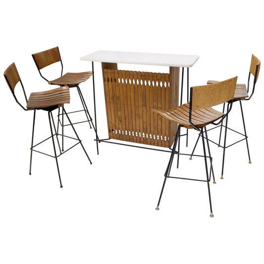 EstablishedLines Arthur Umanoff Set of 4 Rattan Wrought Iron Bar Stools with Matching Bar
