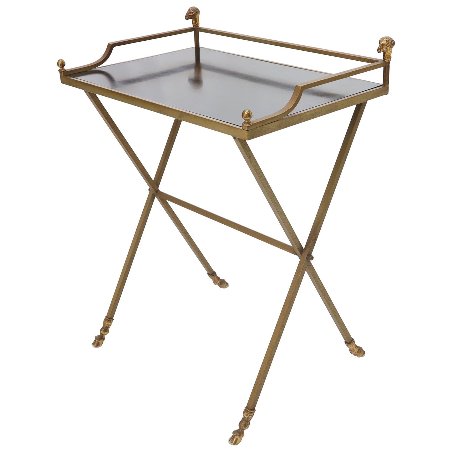 EstablishedLines Chrome and Brass X Base Console w/ Gallery Rams Heads Hoof Feet Black Lamiante