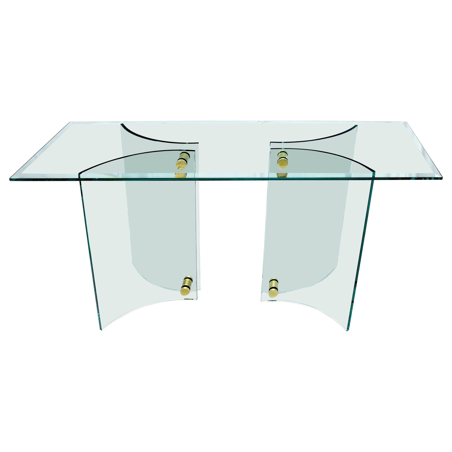 EstablishedLines Curved Glass Base Glass Top Brass Stretchers Console Table