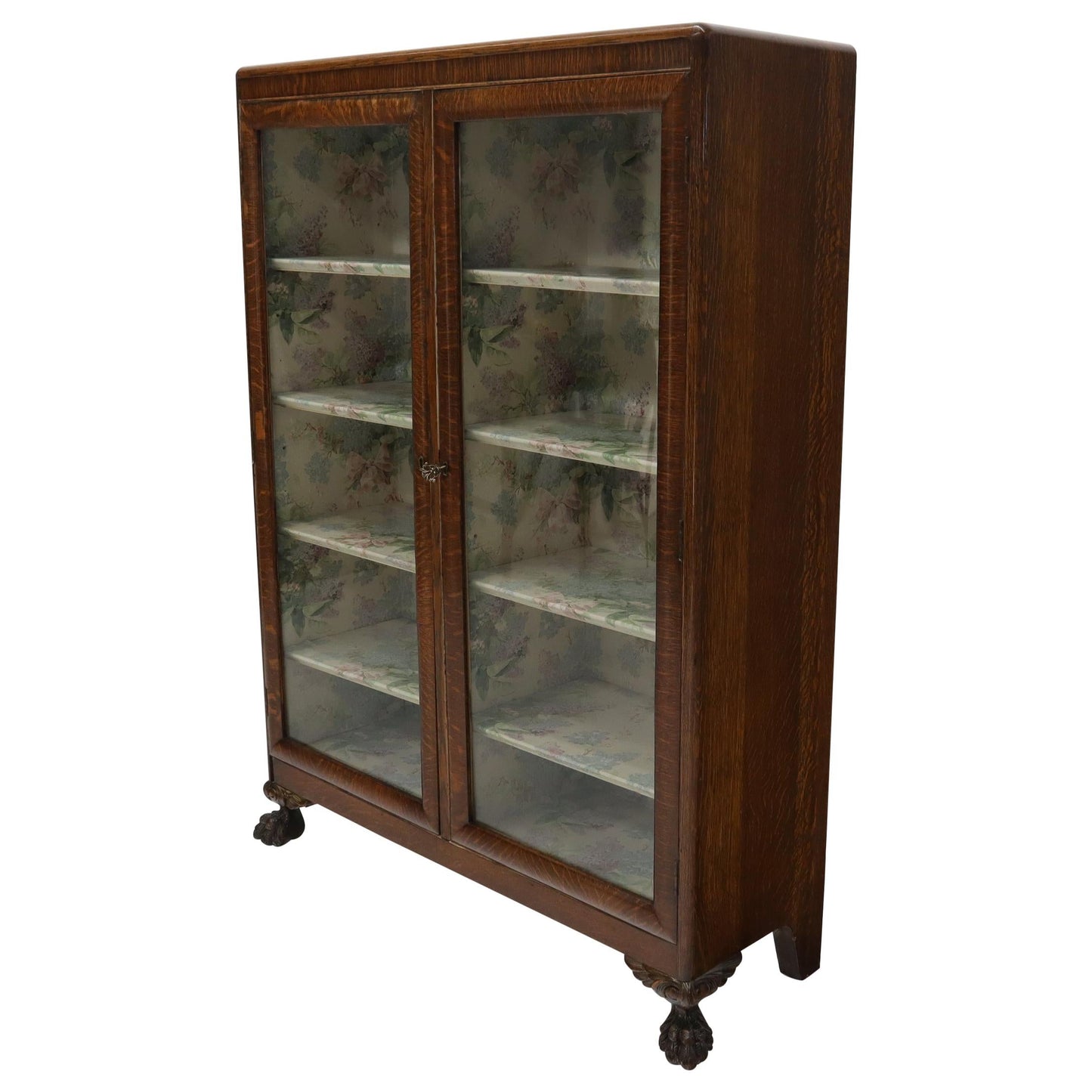 EstablishedLines Claw Feet Tiger Oak Double Door Bookcase Curio Cabinet Wallpaper Interior