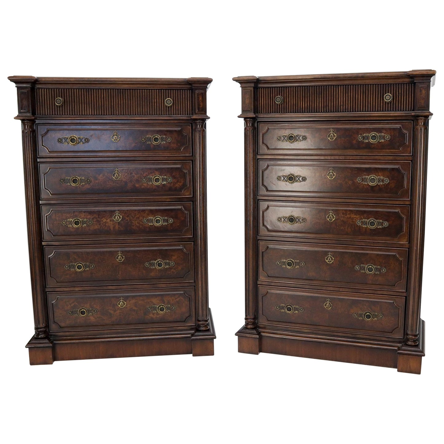 EstablishedLines Pair of Tall 6 Drawers Burl Wood Dressers