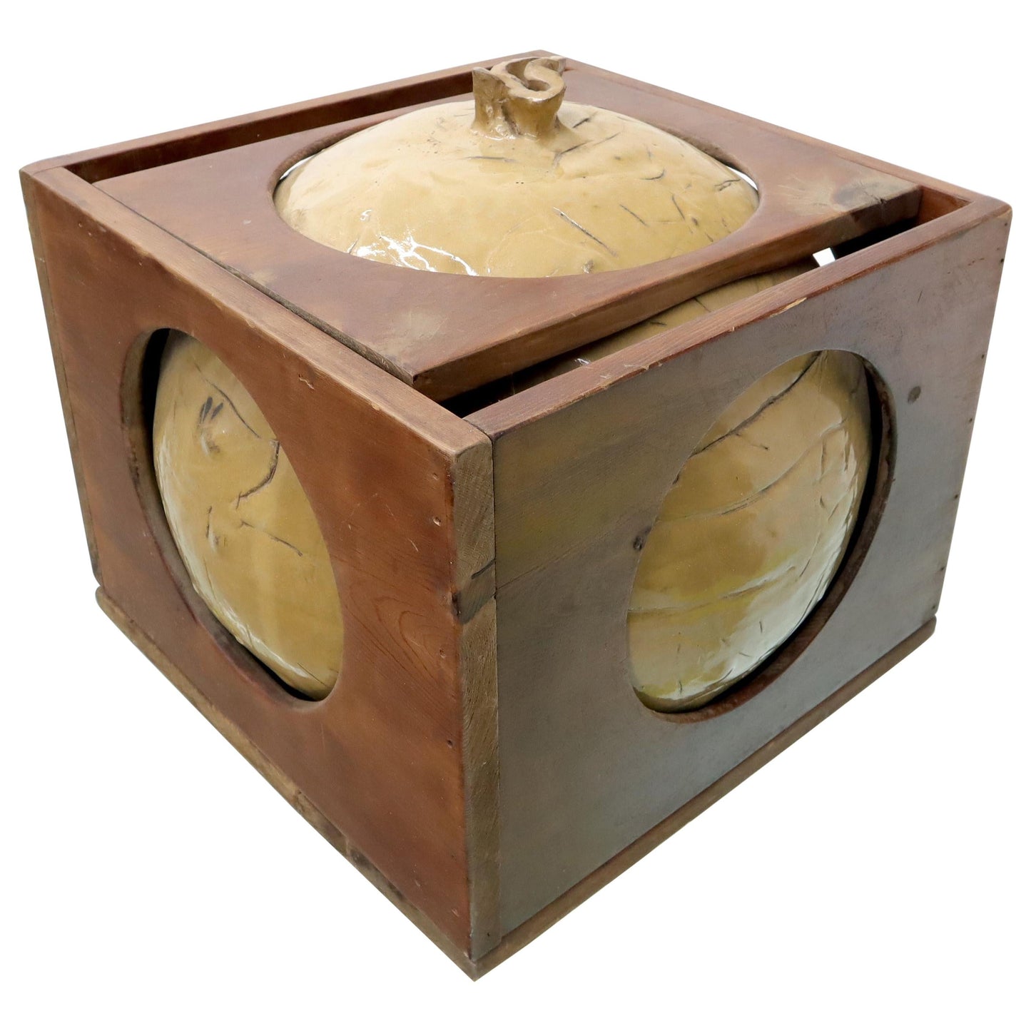 EstablishedLines Mid-Century Modern Sculpture of a Ceramic Sphere Ball Incased into Wooden Crate
