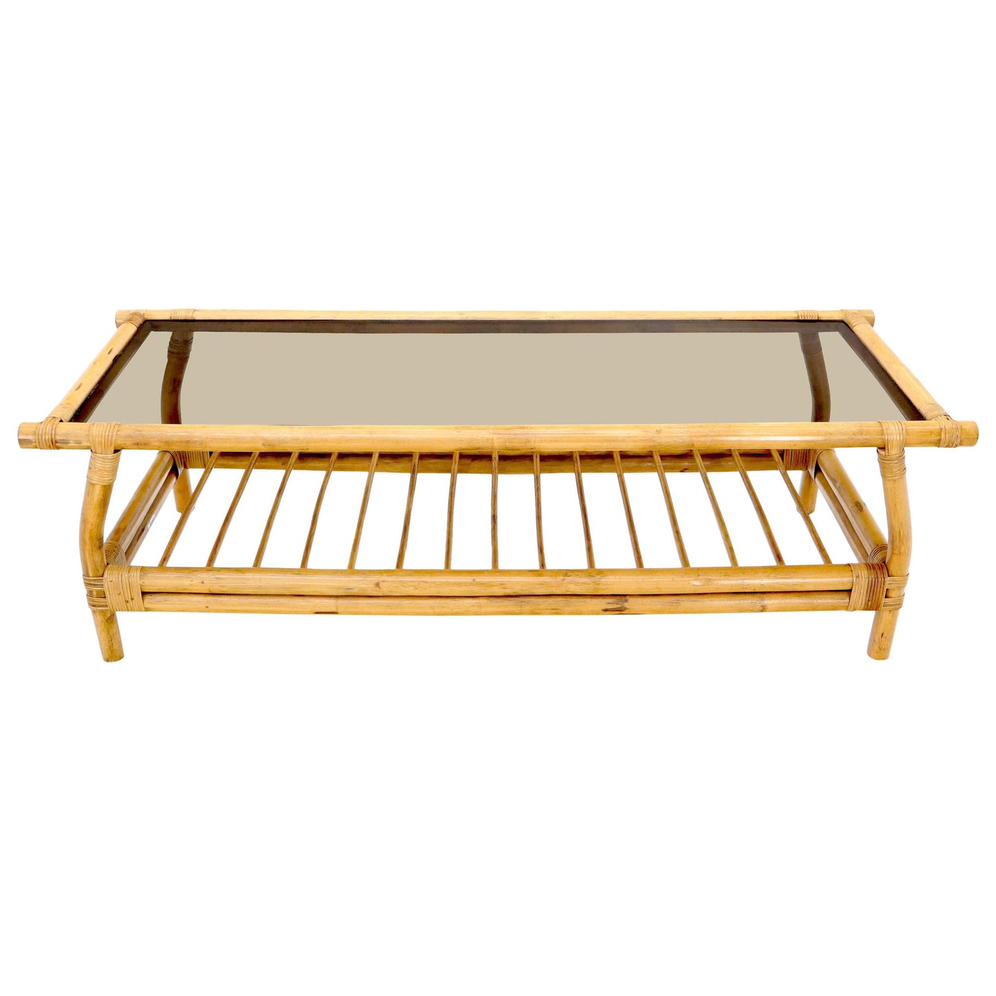 EstablishedLines Bamboo Rattan Rectangular Smoked Glass Top Coffee Table with Dowel Bottom Shelf