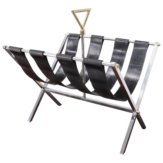 EstablishedLines Machined Chrome Bar X Base Brass Nuts and Leather Belts Magazine Rack Shelf