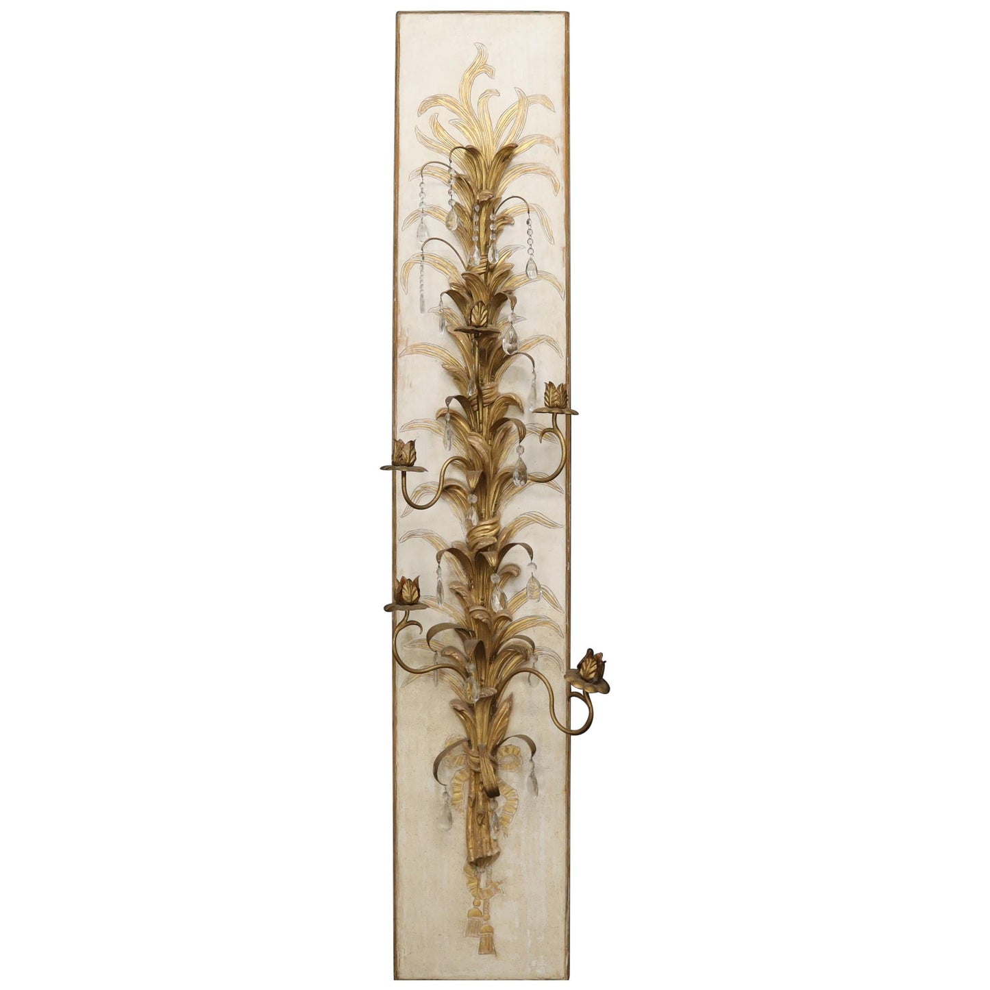 EstablishedLines Very Large Tall Gold Gilt Metal Crystal Decorated Wall Candle Holders Sconce