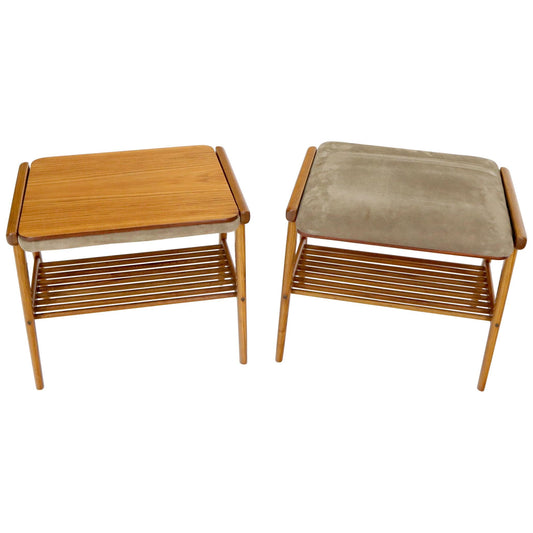 EstablishedLines Pair of Danish Teak Mid-Century Modern Flip Top Tables Suede Benches