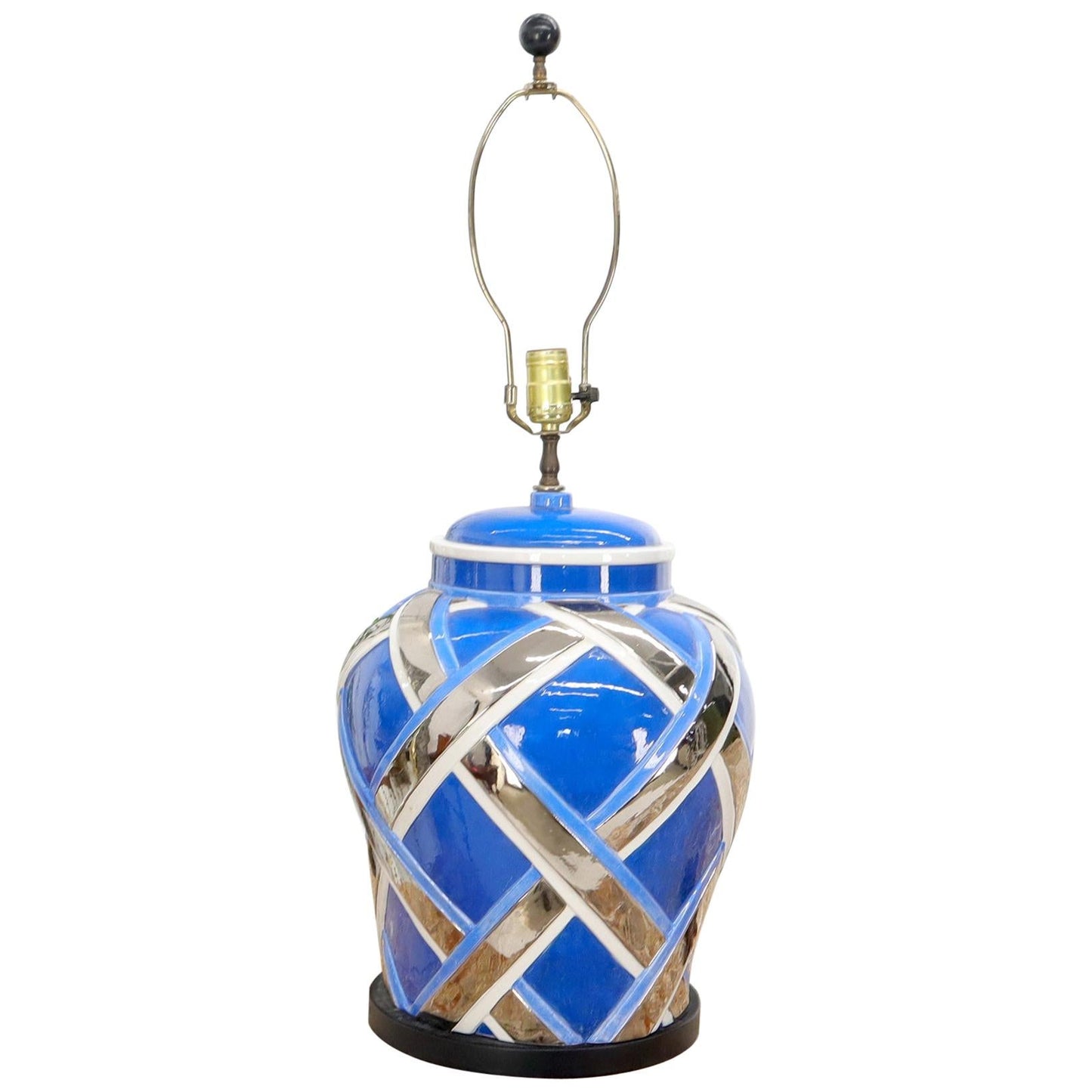 EstablishedLines Mid-Century Modern Large Oversize Glazed Pottery Table lamp Blue and Chrome