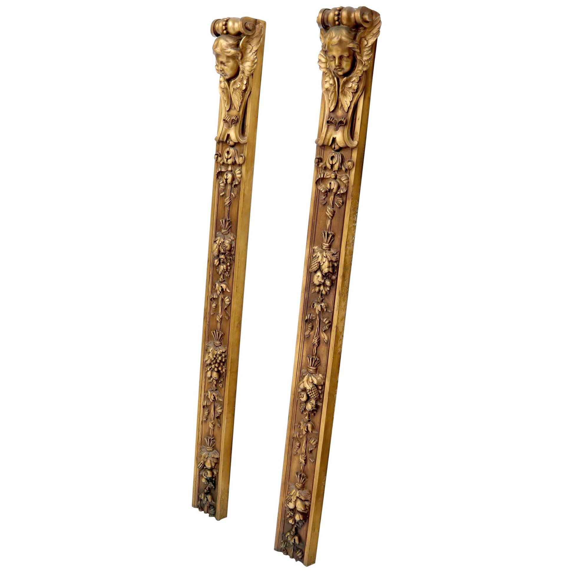EstablishedLines Pair of Door Frame Decoration Mounts Columns Sculptures Gold Cherubs Motive