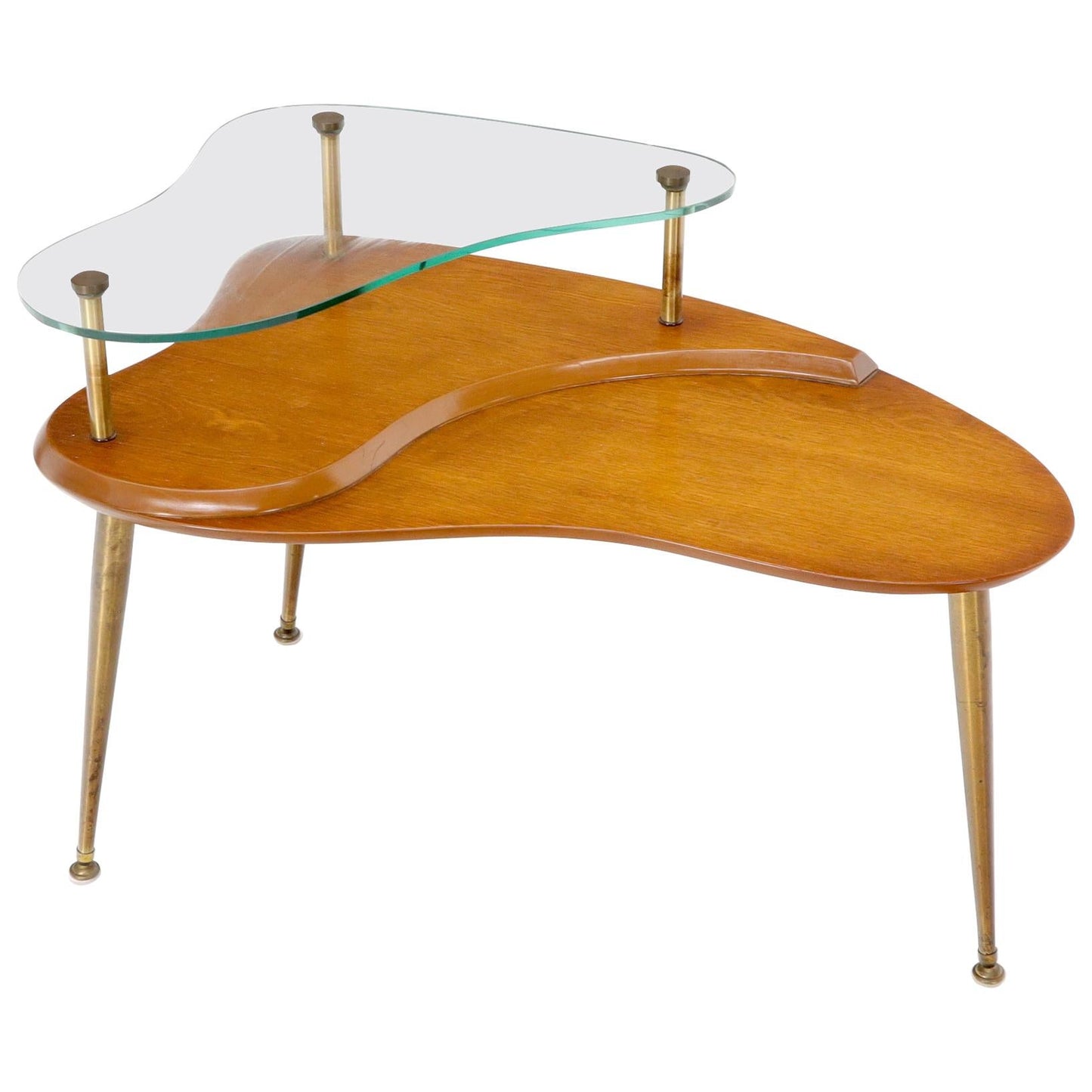 EstablishedLines Kidney Comma Shape Two Tier Glass Walnut & Brass Conical Leg Coffee Side Table