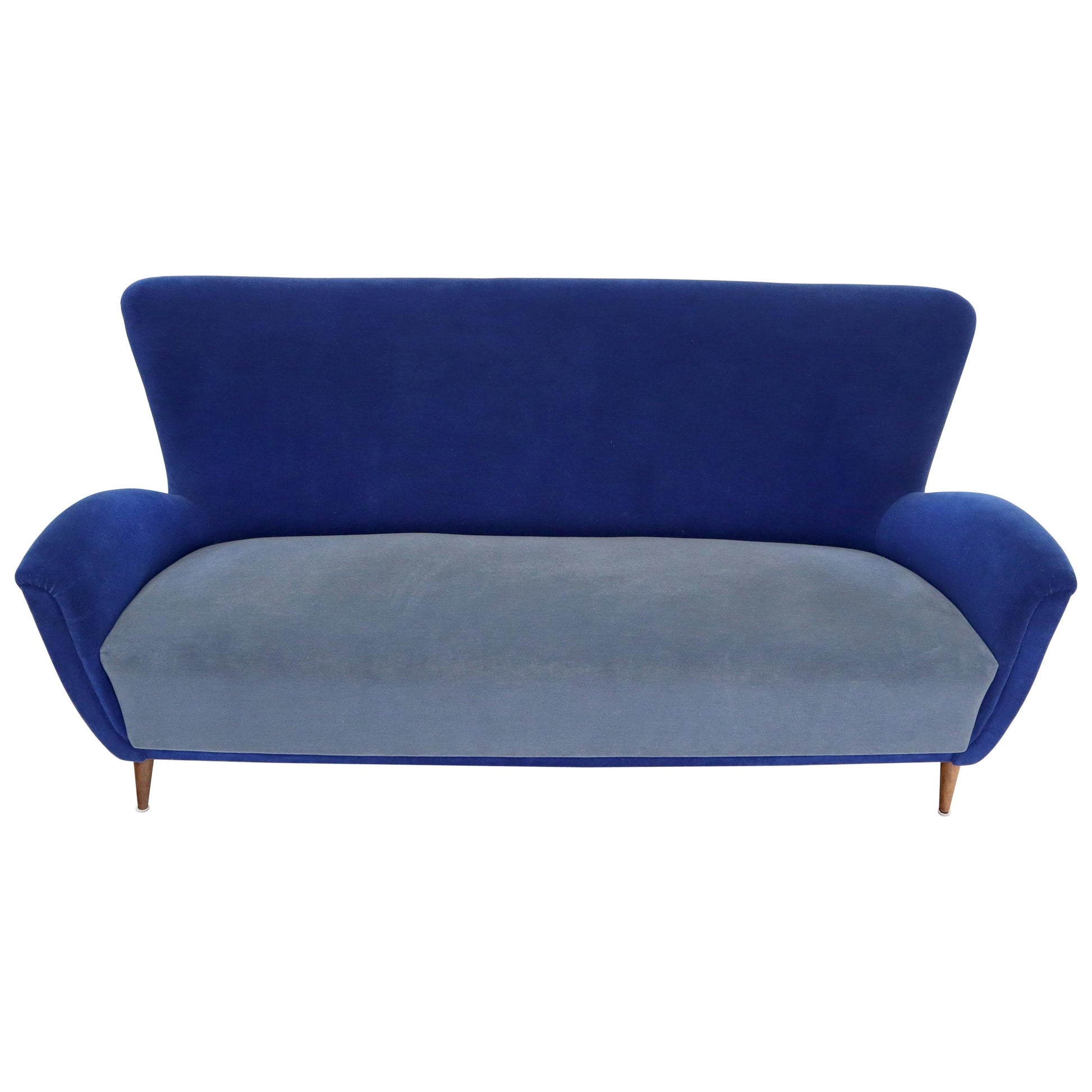 EstablishedLines Two-Tone Blue Mohair Paulo Buffa Mid-Century Modern Italian Sculptural Sofa