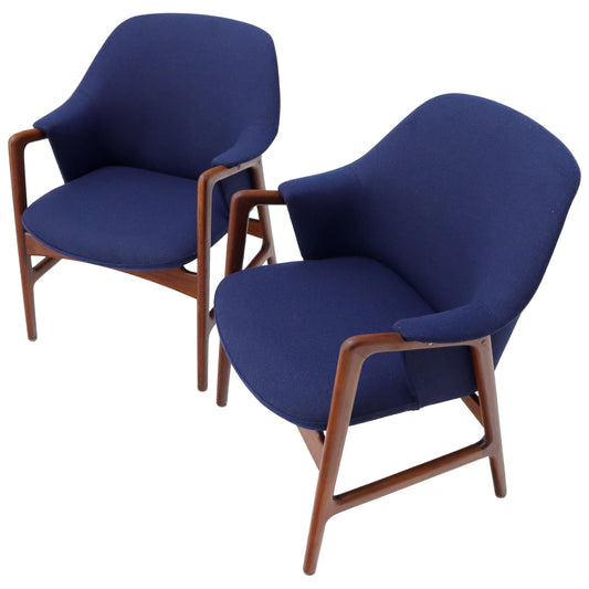 EstablishedLines New Blue Wool Upholstery Teak Frames Danish Mid-Century Modern Lounge Chairs