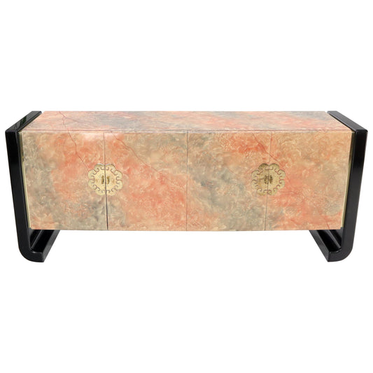 EstablishedLines Four Doors Black Lacquer Faux Finish Brass Hardware Pull Credenza Dresser Server