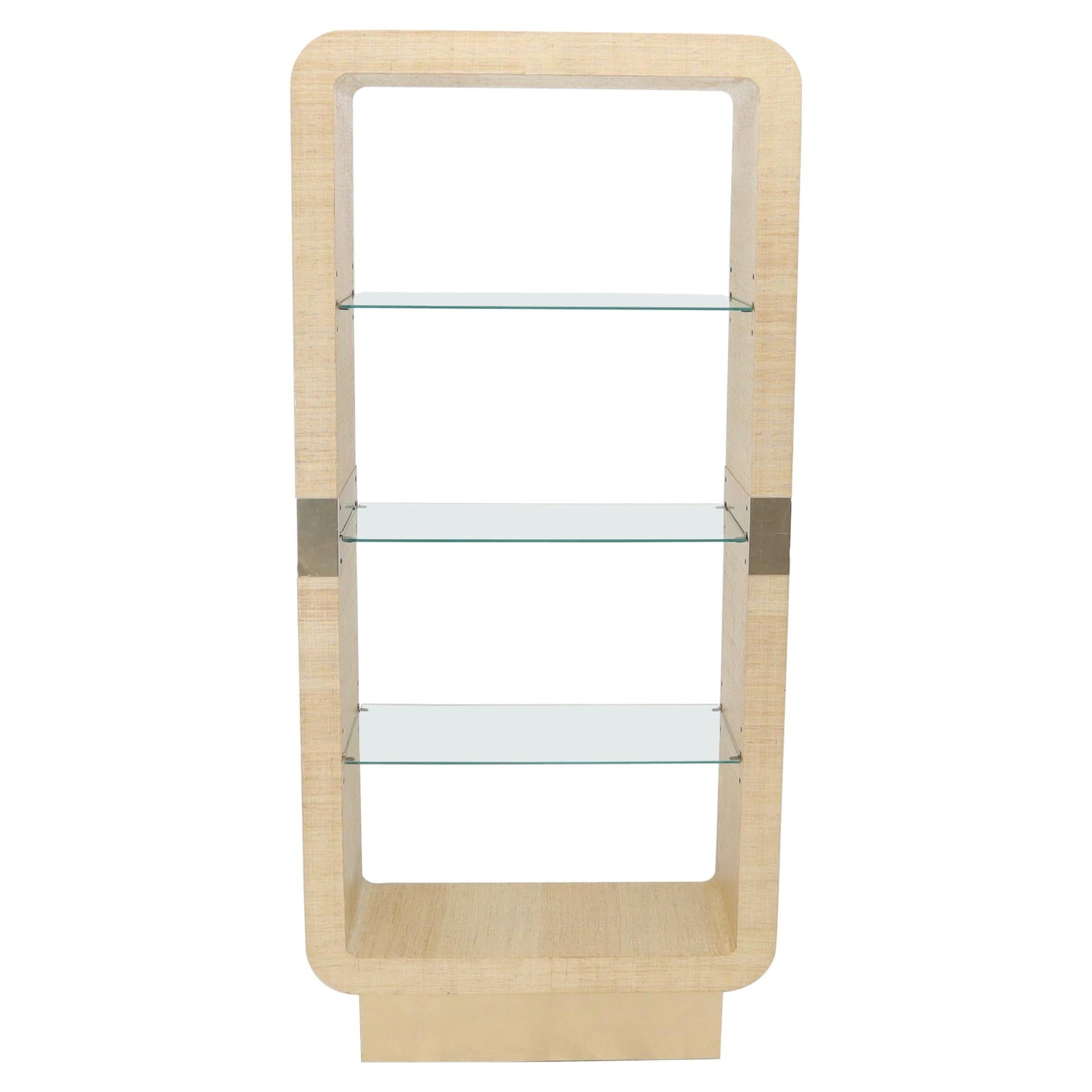 EstablishedLines Raffia Cloth Finished Rounded Angles Étagère Display Unit Glass Shelves