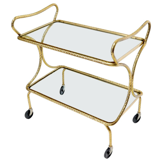 EstablishedLines Italian Bent Textured Brass Tube Frame Glass Top Serving Cart on Wheels